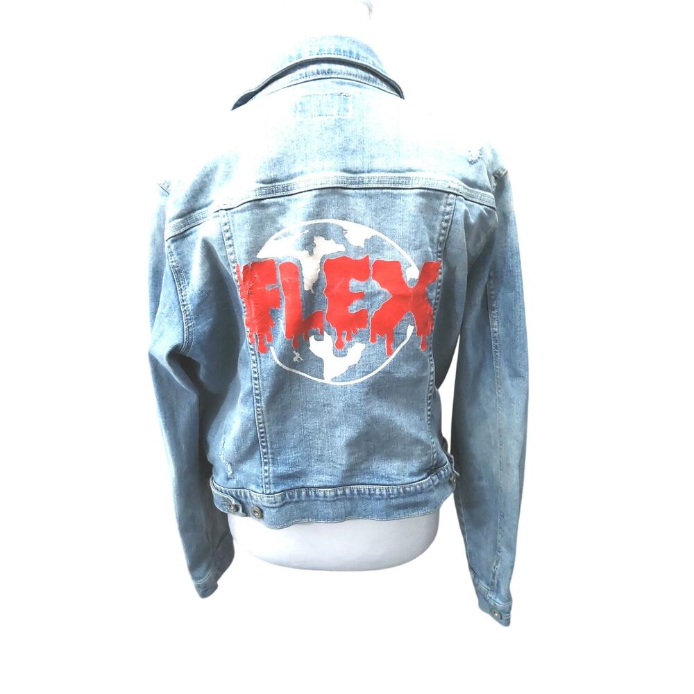 Y2K custom Arizona Jeans button denim jacket sz XL graphic splellout Flex earth